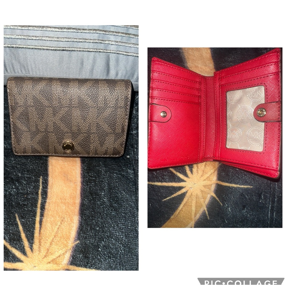 Authentic Michael Kors Logo Brown Wallet with Red Leather Inside & Gold Accents